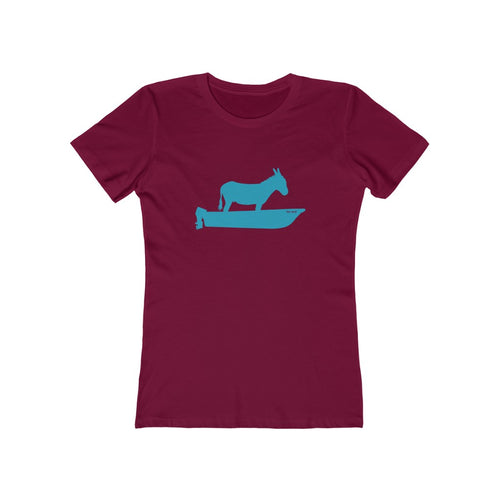 Motorboating Ass Jenny Classic Ass Tee, woman's shirt, fitted, donkey boat logo, cardinal red with teal logo