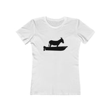 Load image into Gallery viewer, Motorboating Ass Jenny Classic Ass Tee, woman&#39;s shirt, fitted, donkey boat logo, white with black logo

