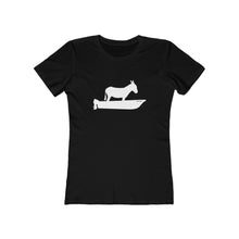 Load image into Gallery viewer, Motorboating Ass Jenny Classic Ass Tee, woman&#39;s shirt, fitted, donkey boat logo, black with white logo

