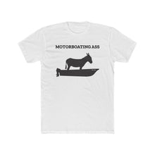 Load image into Gallery viewer, Motorboating Ass Signature Ass Tee, men&#39;s shirt, unisex, donkey boat logo, white with black logo

