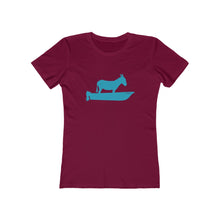 Load image into Gallery viewer, Motorboating Ass Jenny Classic Ass Tee, woman&#39;s shirt, fitted, donkey boat logo, cardinal red with teal logo

