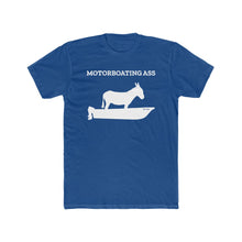 Load image into Gallery viewer, Motorboating Ass Signature Ass Tee, men&#39;s shirt, unisex, donkey boat logo, blue with white logo
