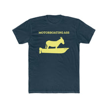 Load image into Gallery viewer, Motorboating Ass Signature Ass Tee, men&#39;s shirt, unisex, donkey boat logo, midnight navy with yellow logo

